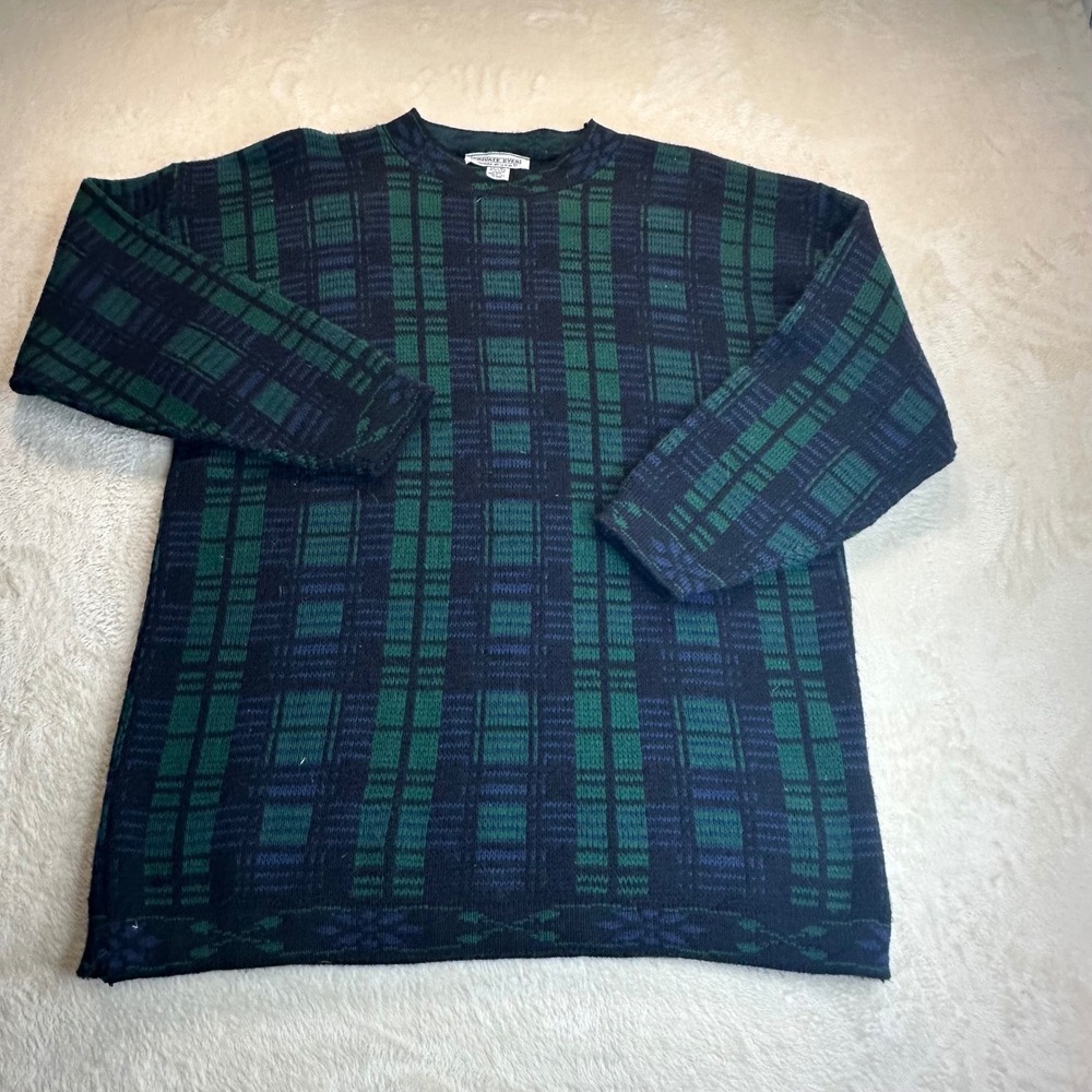 Vintage Private Eyes Plaid Sweater Mens Green Blue Black USA Made Acrylic Knit